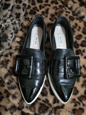 Miu Miu Black Patent Leather Pointed Loafers with Oversized Buckle